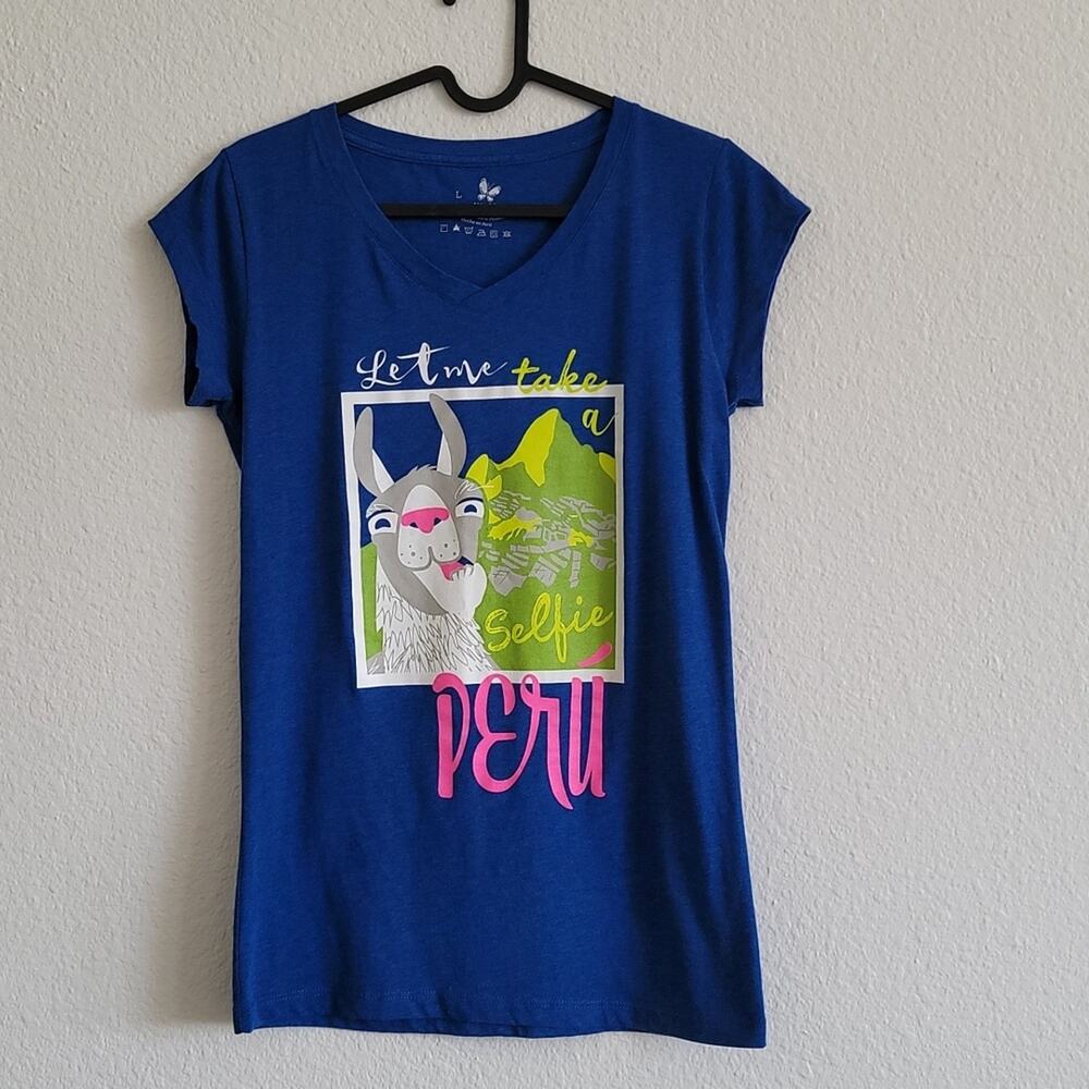 PERU Graphic Tee Let Me Take A Selfie T-Shirt Slim Fit Size Large Blue